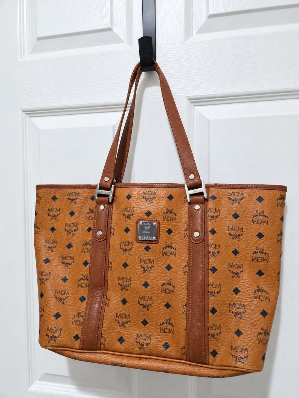 MCM Visetos Shopping Tote Cognac Monogram Coated Canvas Leather Silver Hardware